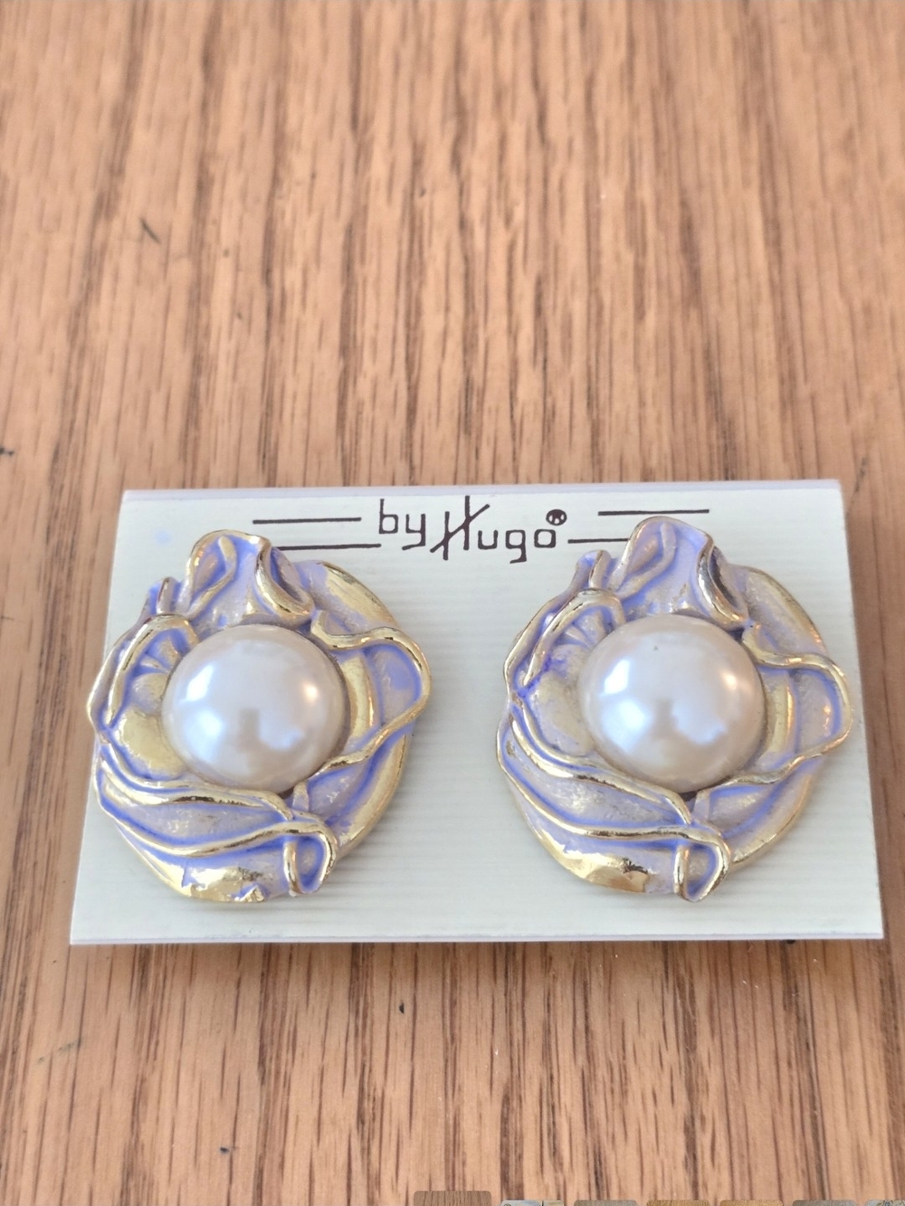 HUGO Gold-Tone Lavender Enamel Pearl Floral Clip-On Earrings